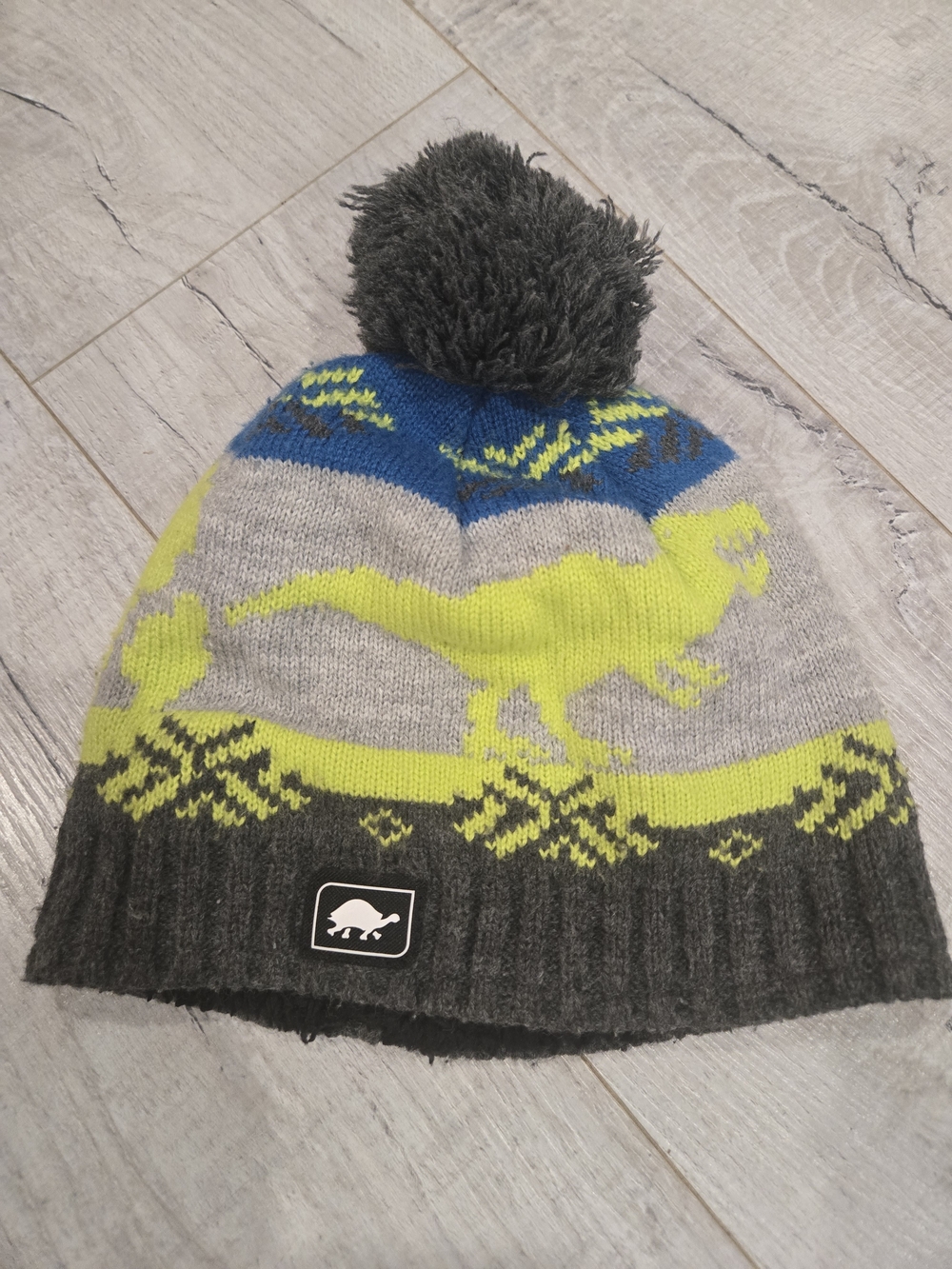 Turtle Logo Kids Pom Beanie - Grey, Neon Yellow & Blue
